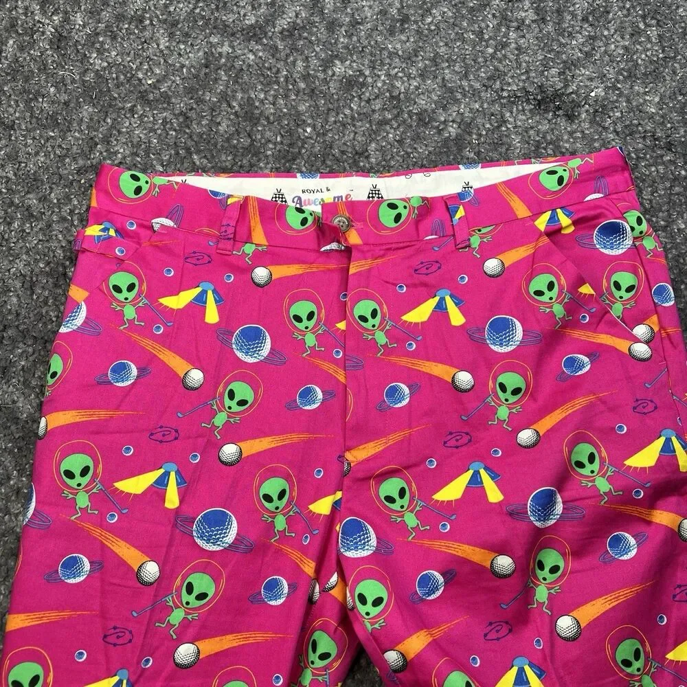 Royal and Awesome Men`s Golf Pants Aliens and Golfballs 38x32